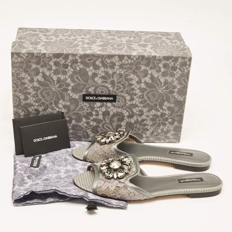 Pre Owned Dolce & Gabbana Grey Lace and Satin Flat Slides Size 37