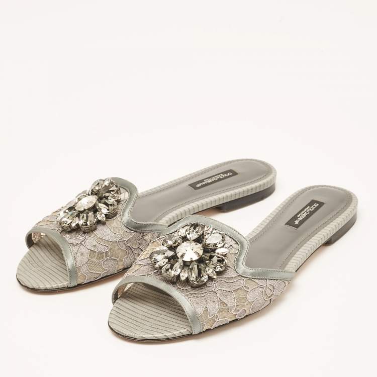 Pre Owned Dolce & Gabbana Grey Lace and Satin Flat Slides Size 37
