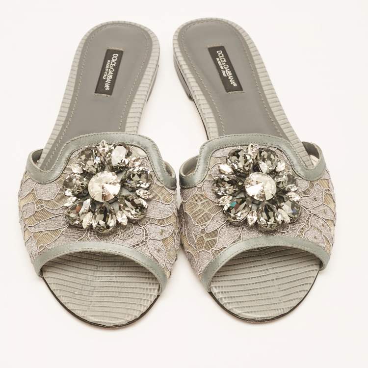 Pre Owned Dolce & Gabbana Grey Lace and Satin Flat Slides Size 37