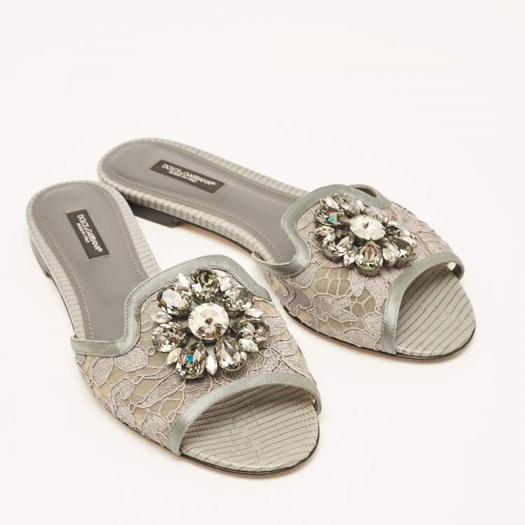 Pre Owned Dolce & Gabbana Grey Lace and Satin Flat Slides Size 37