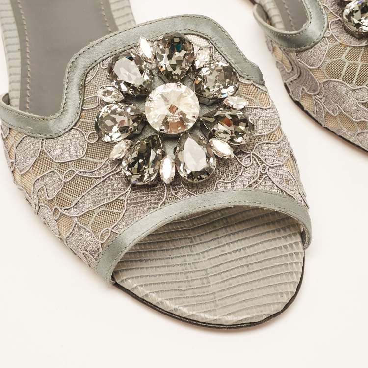 Pre Owned Dolce & Gabbana Grey Lace and Satin Flat Slides Size 37