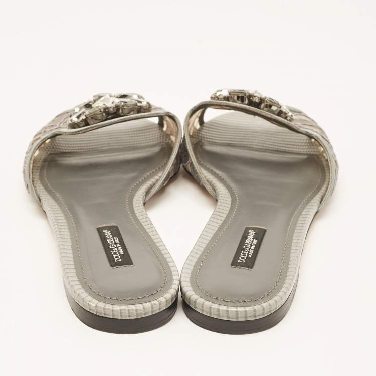 Pre Owned Dolce & Gabbana Grey Lace and Satin Flat Slides Size 37