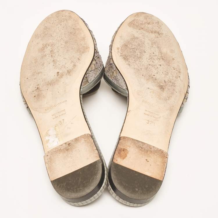 Pre Owned Dolce & Gabbana Grey Lace and Satin Flat Slides Size 37