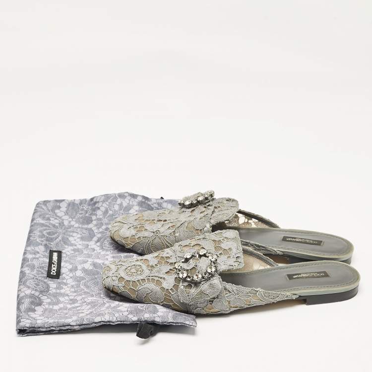 Pre Owned Dolce & Gabbana Grey Lace and Mesh Crystal Embellished Mules Size 40