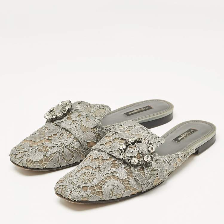 Pre Owned Dolce & Gabbana Grey Lace and Mesh Crystal Embellished Mules Size 40