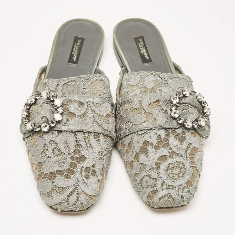 Pre Owned Dolce & Gabbana Grey Lace and Mesh Crystal Embellished Mules Size 40