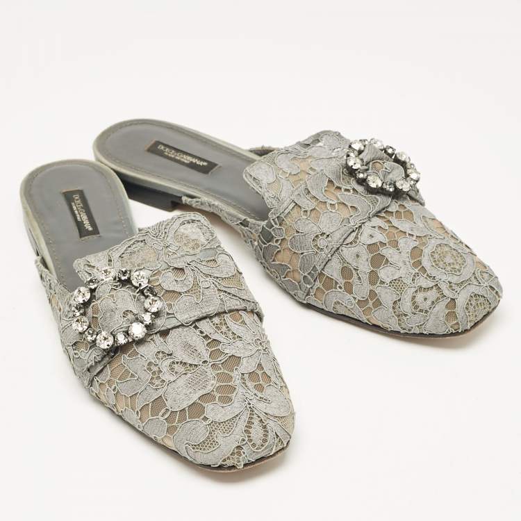 Pre Owned Dolce & Gabbana Grey Lace and Mesh Crystal Embellished Mules Size 40
