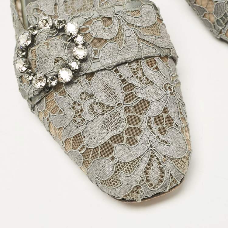 Pre Owned Dolce & Gabbana Grey Lace and Mesh Crystal Embellished Mules Size 40