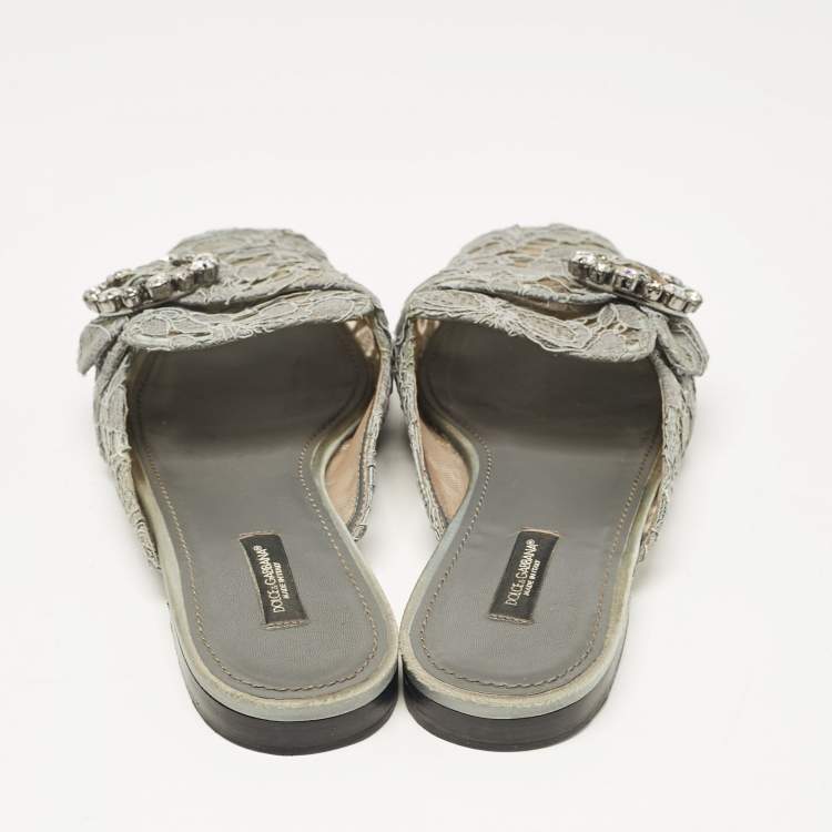 Pre Owned Dolce & Gabbana Grey Lace and Mesh Crystal Embellished Mules Size 40