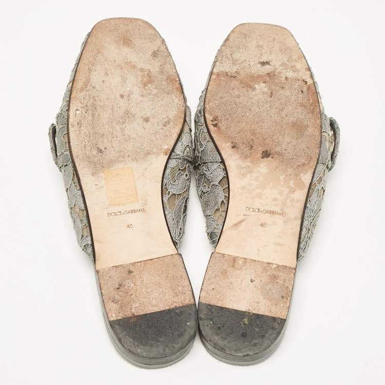 Pre Owned Dolce & Gabbana Grey Lace and Mesh Crystal Embellished Mules Size 40