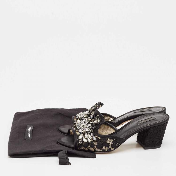 Pre Owned Dolce & Gabbana Black Lace and Mesh Bianca Slide Sandals Size 41