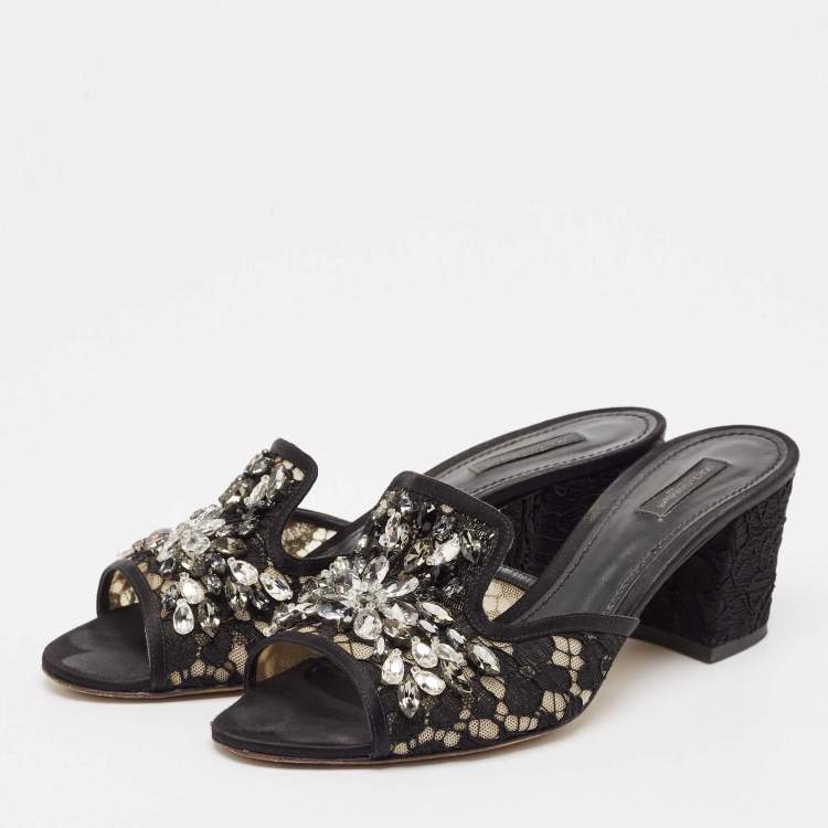 Pre Owned Dolce & Gabbana Black Lace and Mesh Bianca Slide Sandals Size 41