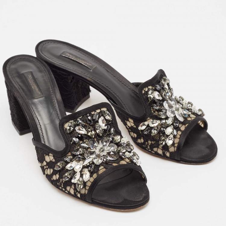 Pre Owned Dolce & Gabbana Black Lace and Mesh Bianca Slide Sandals Size 41