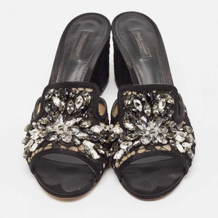 Pre Owned Dolce & Gabbana Black Lace and Mesh Bianca Slide Sandals Size 41