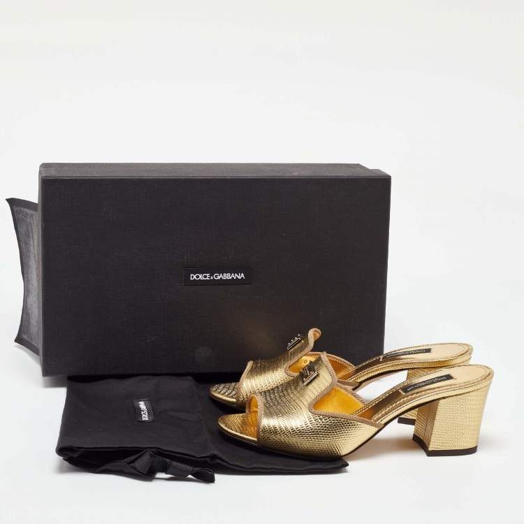 مملوكة مسبقًا Dolce & Gabbana Gold Lizard Embossed Leather Slide Sandals Size 36