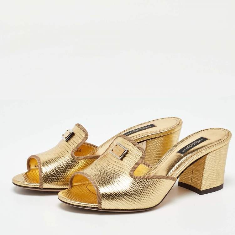 مملوكة مسبقًا Dolce & Gabbana Gold Lizard Embossed Leather Slide Sandals Size 36