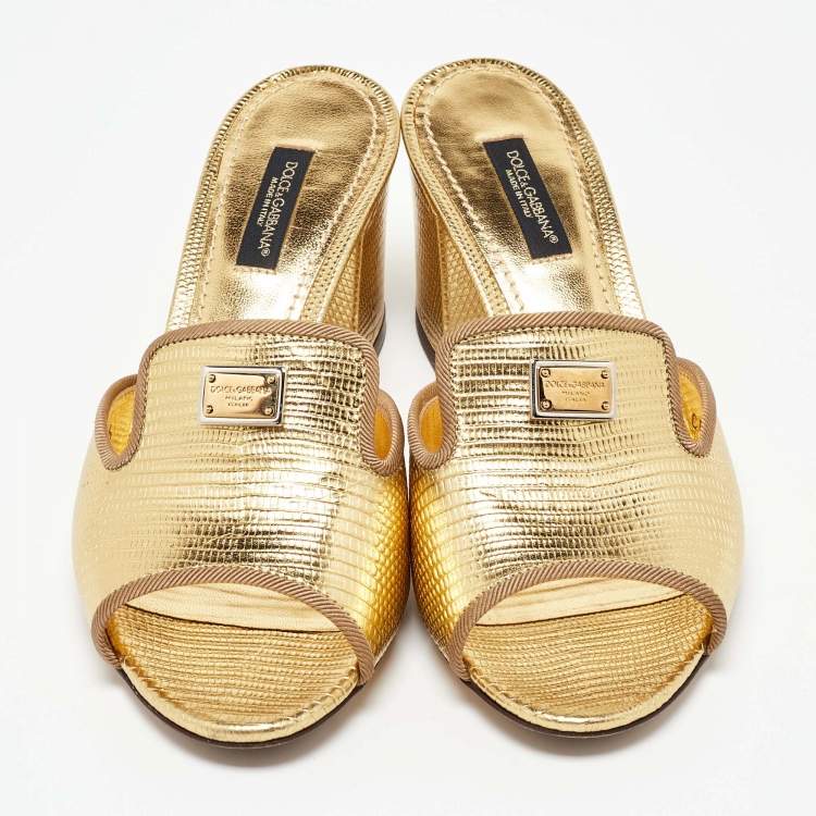 مملوكة مسبقًا Dolce & Gabbana Gold Lizard Embossed Leather Slide Sandals Size 36