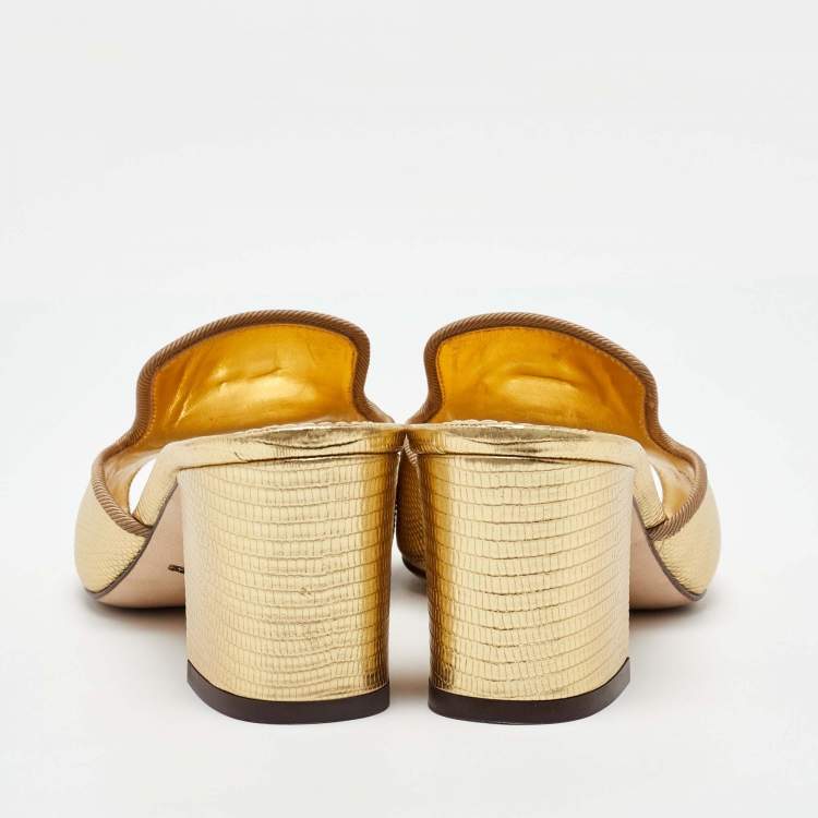 مملوكة مسبقًا Dolce & Gabbana Gold Lizard Embossed Leather Slide Sandals Size 36