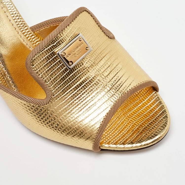 مملوكة مسبقًا Dolce & Gabbana Gold Lizard Embossed Leather Slide Sandals Size 36