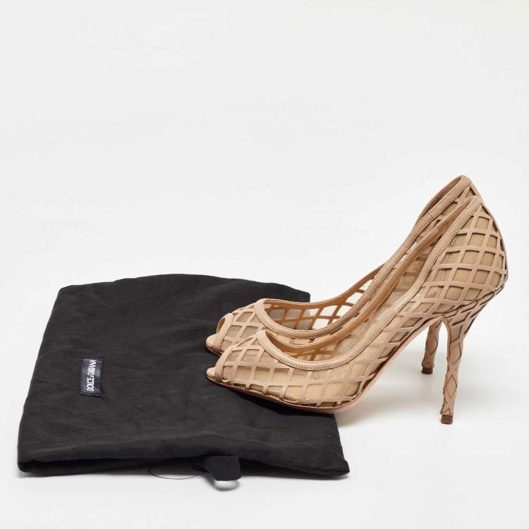 Pre Owned Dolce & Gabbana Beige Mesh and Leather Caged Peep Toe Pumps Size 37