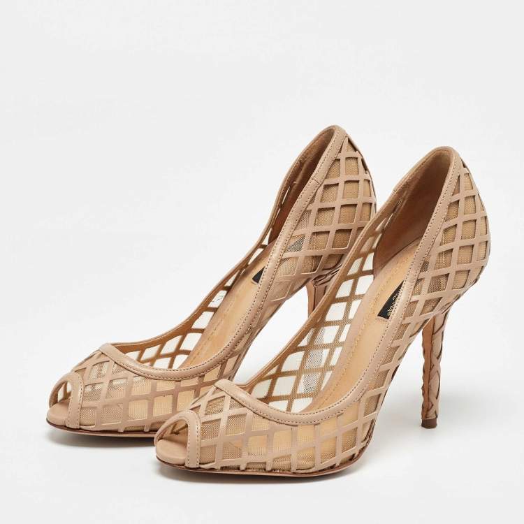 Pre Owned Dolce & Gabbana Beige Mesh and Leather Caged Peep Toe Pumps Size 37