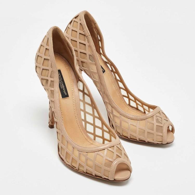 Pre Owned Dolce & Gabbana Beige Mesh and Leather Caged Peep Toe Pumps Size 37