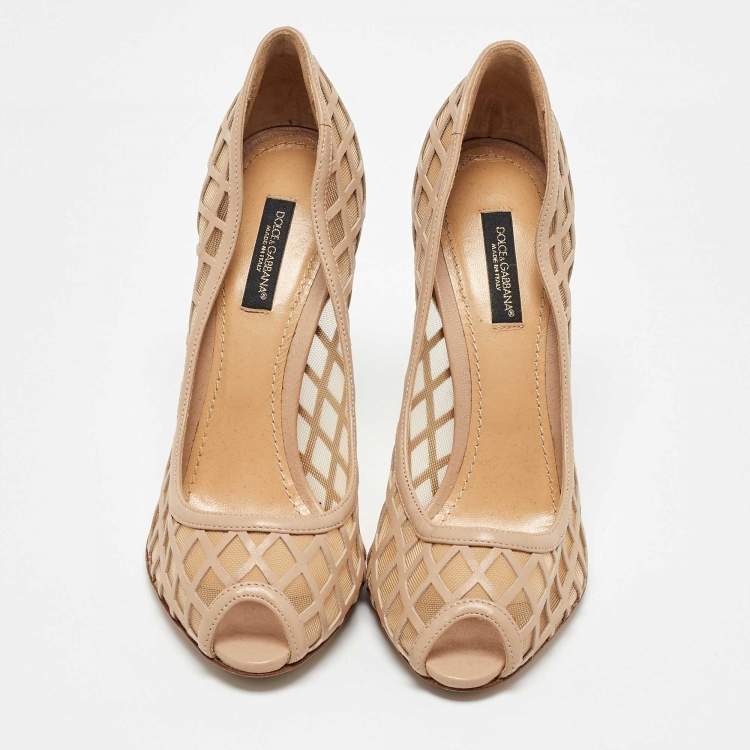 Pre Owned Dolce & Gabbana Beige Mesh and Leather Caged Peep Toe Pumps Size 37