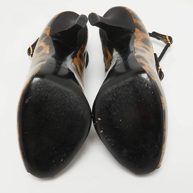 Pre Owned Dolce & Gabbana Brown/Black Leopard Print Patent Peep Toe Pumps Size 38.5