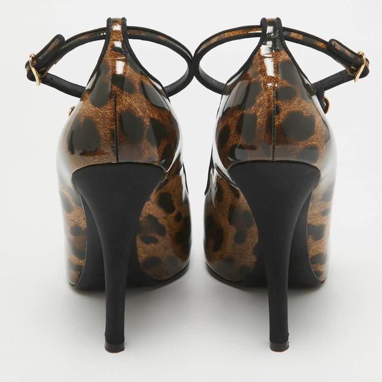 Pre Owned Dolce & Gabbana Brown/Black Leopard Print Patent Peep Toe Pumps Size 38.5