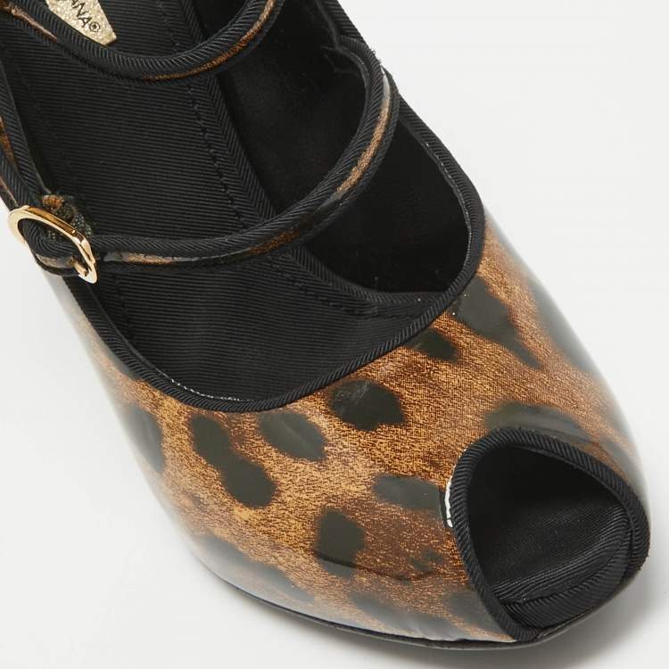 Pre Owned Dolce & Gabbana Brown/Black Leopard Print Patent Peep Toe Pumps Size 38.5