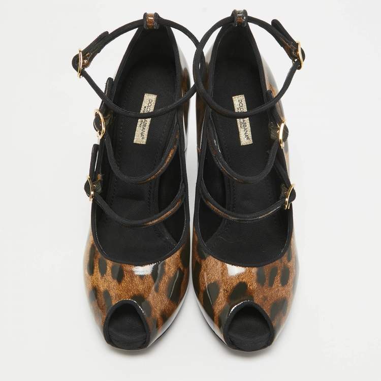 Pre Owned Dolce & Gabbana Brown/Black Leopard Print Patent Peep Toe Pumps Size 38.5