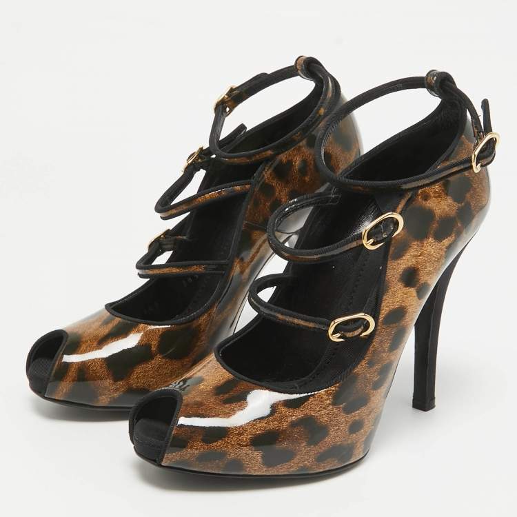 Pre Owned Dolce & Gabbana Brown/Black Leopard Print Patent Peep Toe Pumps Size 38.5
