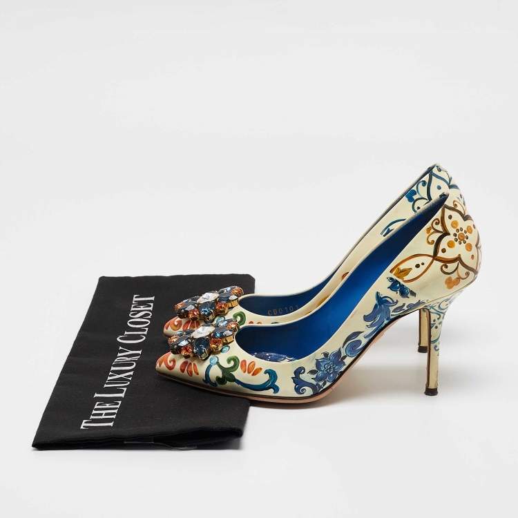 Pre Owned Dolce & Gabbana Cream Floral Print Patent Leather Bellucci Pumps Size 37
