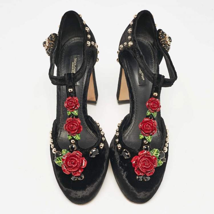 Pre Owned Dolce & Gabbana Black Velvet Studded and Rose Embellished Ankle-Strap Pumps Size 38