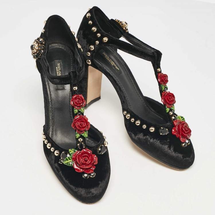 Pre Owned Dolce & Gabbana Black Velvet Studded and Rose Embellished Ankle-Strap Pumps Size 38