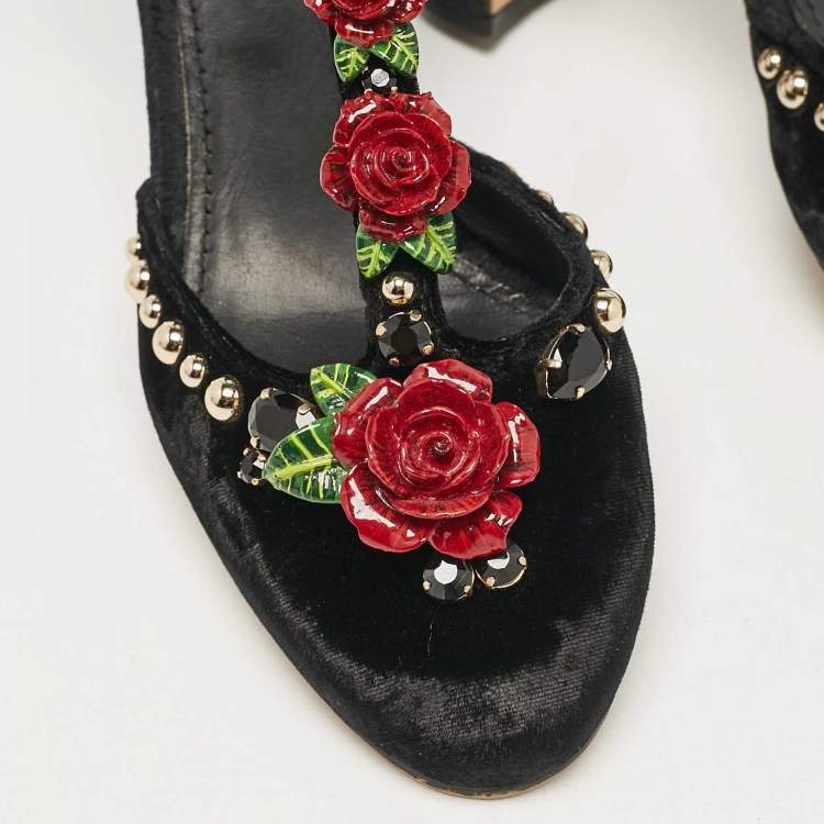 Pre Owned Dolce & Gabbana Black Velvet Studded and Rose Embellished Ankle-Strap Pumps Size 38