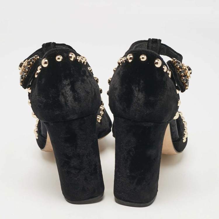 Pre Owned Dolce & Gabbana Black Velvet Studded and Rose Embellished Ankle-Strap Pumps Size 38