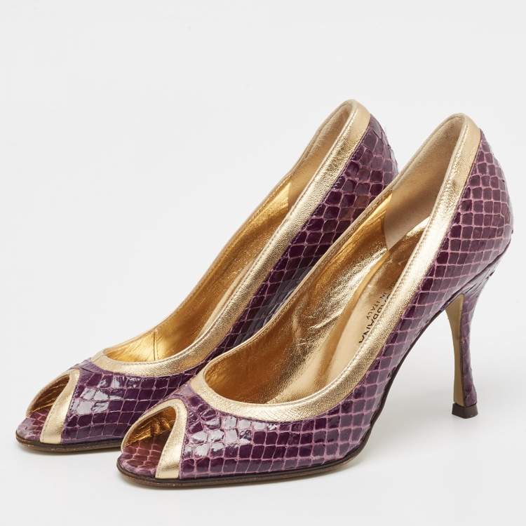 Pre Owned Dolce & Gabbana Purple Leather and Python Leather Peep Toe Pumps Size 35