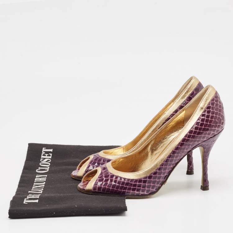 Pre Owned Dolce & Gabbana Purple Leather and Python Leather Peep Toe Pumps Size 35