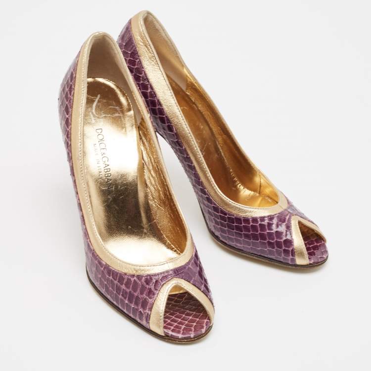 Pre Owned Dolce & Gabbana Purple Leather and Python Leather Peep Toe Pumps Size 35