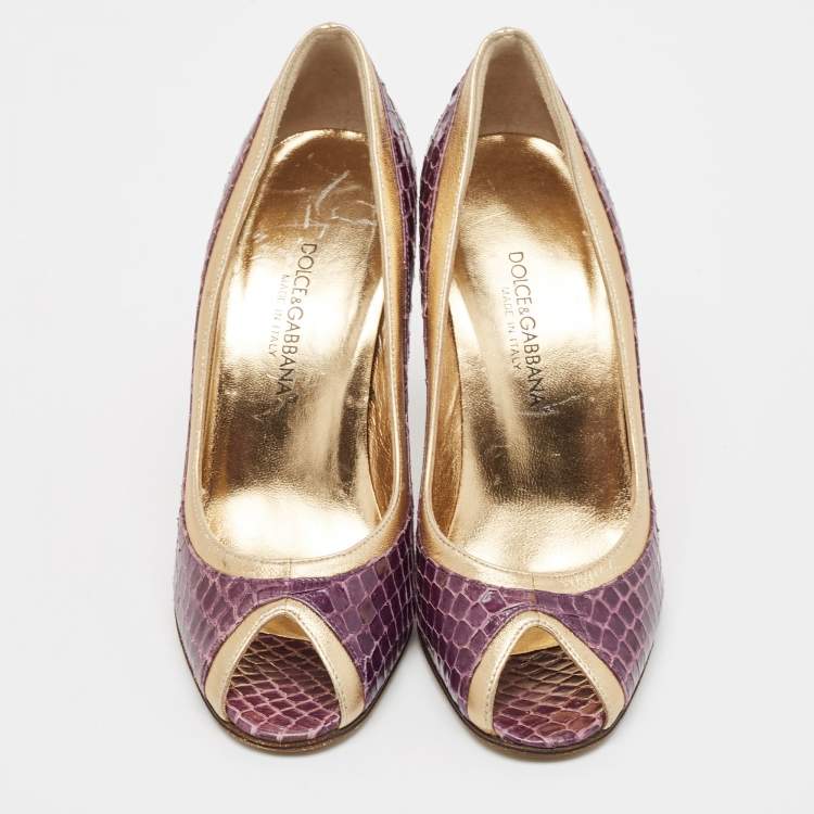 Pre Owned Dolce & Gabbana Purple Leather and Python Leather Peep Toe Pumps Size 35