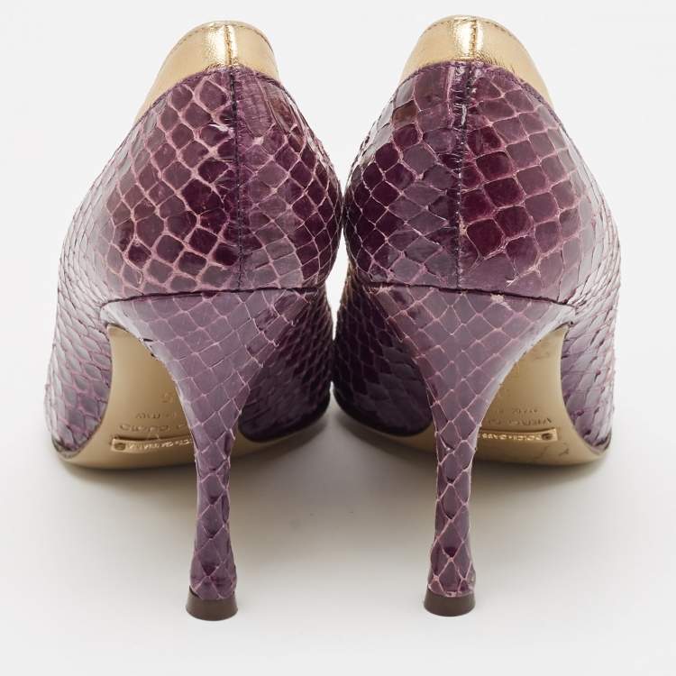 Pre Owned Dolce & Gabbana Purple Leather and Python Leather Peep Toe Pumps Size 35