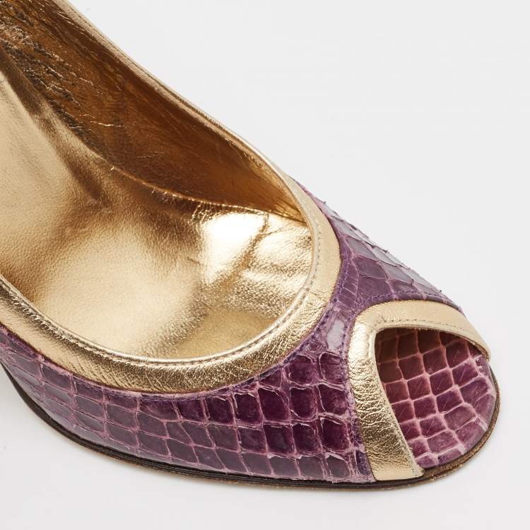 Pre Owned Dolce & Gabbana Purple Leather and Python Leather Peep Toe Pumps Size 35