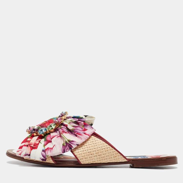 مملوكة مسبقًا Dolce & Gabbana Multicolor Floral Print Canvas and Raffia Crystal Embellished Flat Slides Size 39