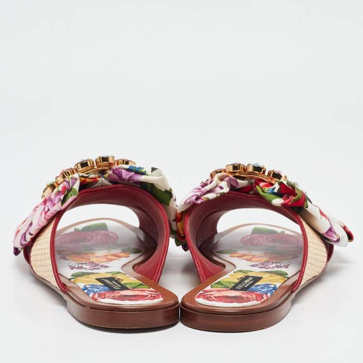 مملوكة مسبقًا Dolce & Gabbana Multicolor Floral Print Canvas and Raffia Crystal Embellished Flat Slides Size 39