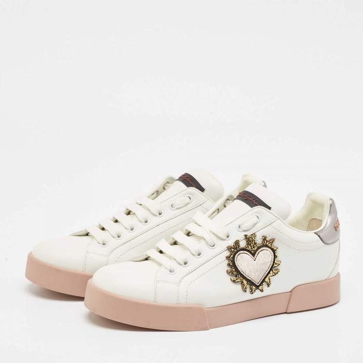 Pre Owned Dolce & Gabbana White Leather Love Applique Portofino Low Top Sneakers Size 39