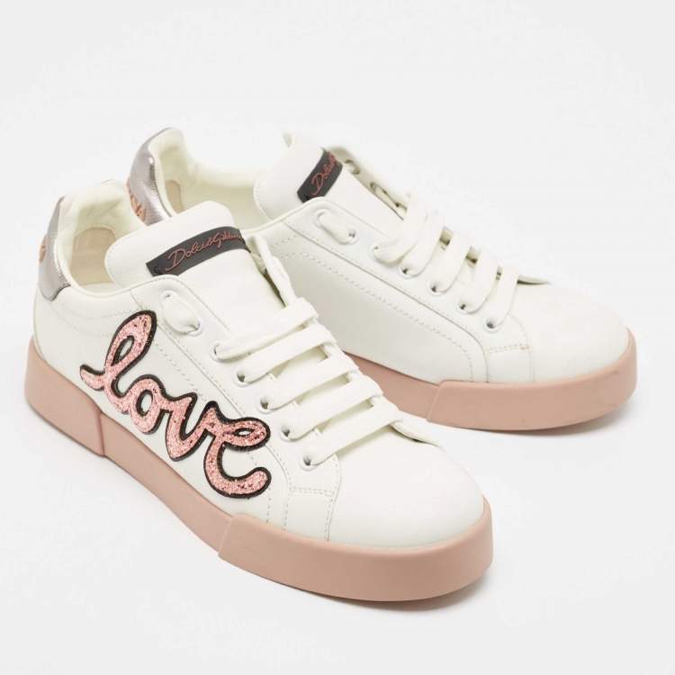 Pre Owned Dolce & Gabbana White Leather Love Applique Portofino Low Top Sneakers Size 39