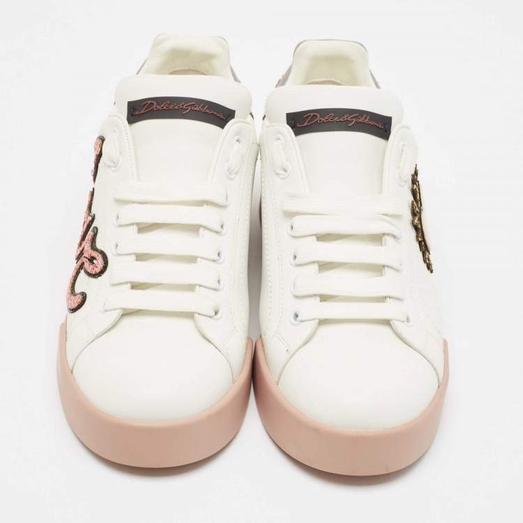 Pre Owned Dolce & Gabbana White Leather Love Applique Portofino Low Top Sneakers Size 39