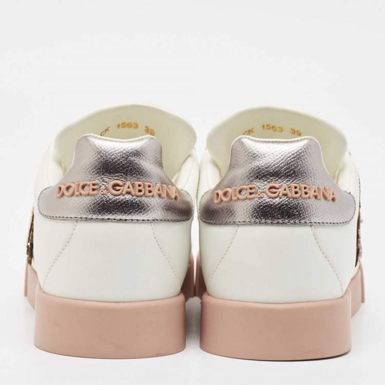 Pre Owned Dolce & Gabbana White Leather Love Applique Portofino Low Top Sneakers Size 39