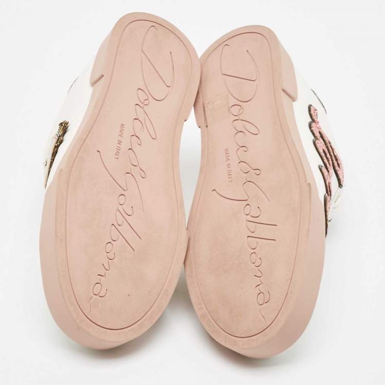 Pre Owned Dolce & Gabbana White Leather Love Applique Portofino Low Top Sneakers Size 39